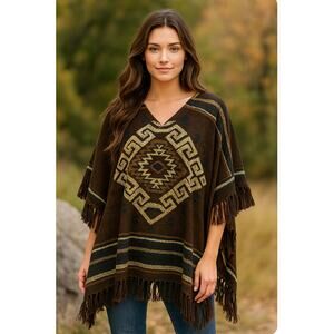 Double D Ranch Poncho Yoakum Texas Aztec Tribal Navajo Indian Blanket Fringe
